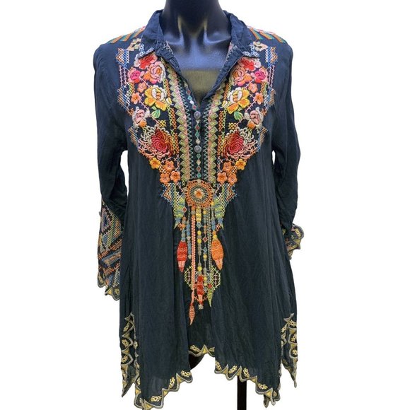 Johnny Was Tops - *Johnny Was Grey Silk Embroidered Blouse Small